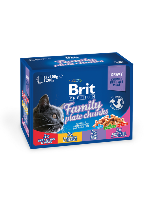 Brit Premium Family Plate Chunks in Gravy 12X 100 G Pouches of Adult Wet Cat Food
